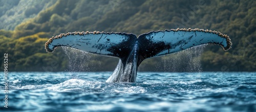 Humpback whale tail fluke breaking the surface of the ocean water with a green forested shore in the background.