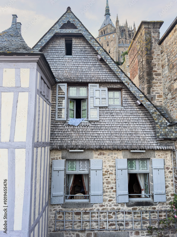 facade of houses on mont saint-michel in normandy, france facade of houses on mont saint-michel in normandy, france