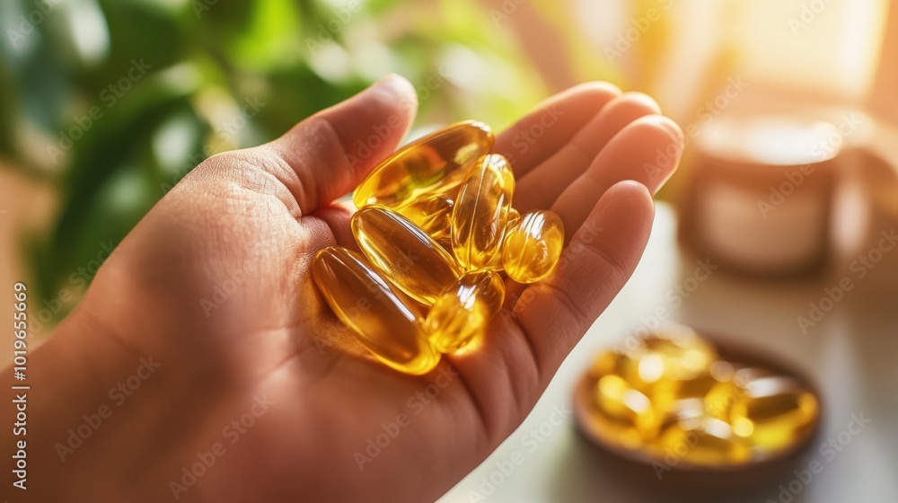 A close-up of a hand holding golden capsules, with a soft background of natural light and greenery, suggesting health and wellness. A close-up of a hand holding golden capsules, with a soft background of natural light and greenery, suggesting health and wellness.