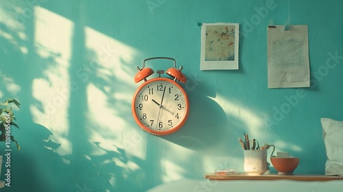 Close up of a vintage analog alarm clock casting long shadows across a cozy dimly lit interior  The late hour and ambient lighting create a moody tranquil atmosphere photo