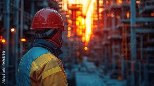 Worker in safety gear observing a construction site at sunset.