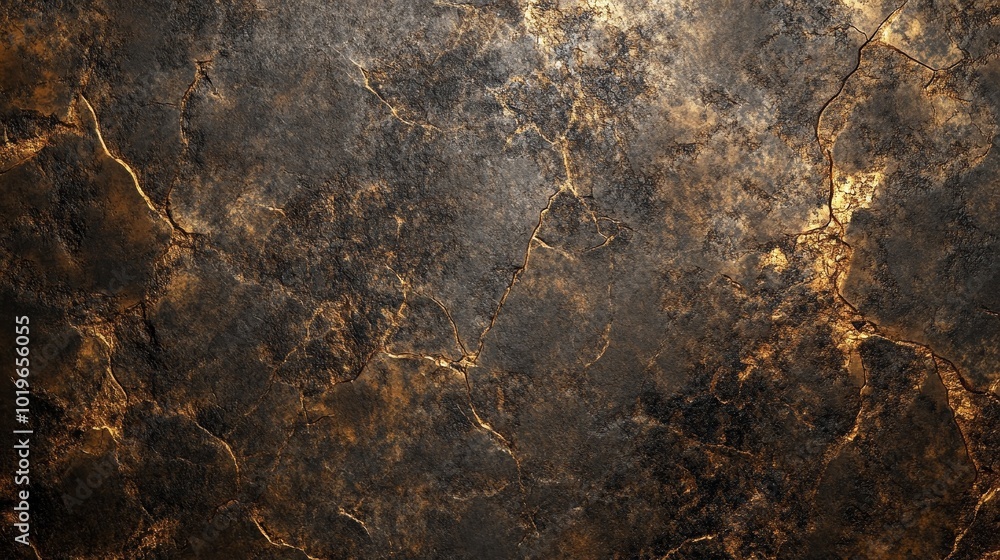 Textured Surface of Dark Stone With Golden Veins and Cracks Illuminated by Soft Light at an Artistic Angle Textured Surface of Dark Stone With Golden Veins and Cracks Illuminated by Soft Light at an Artistic Angle