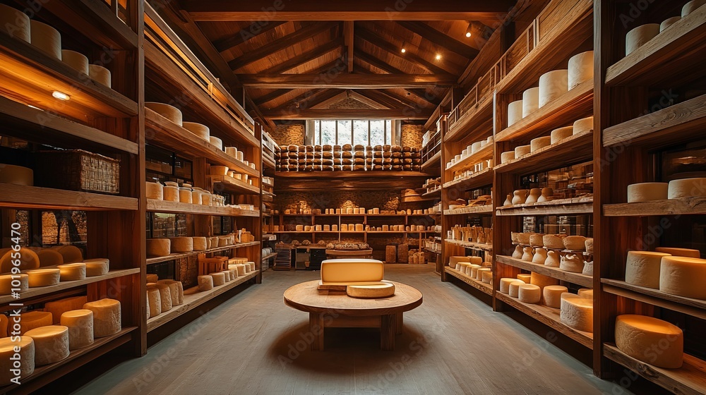 Rows of Cheeses Stored in a Rustic Wooden Cellar Rows of Cheeses Stored in a Rustic Wooden Cellar