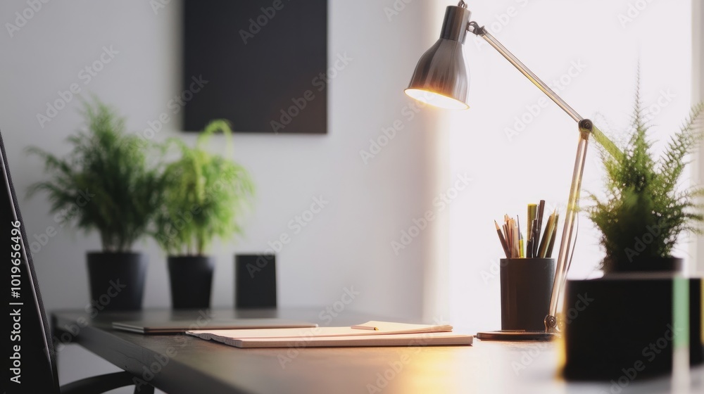 A sleek and modern desk featuring an eco-friendly table lamp made from recycled metal pipes, casting soft light over a workspace with sustainable office supplies. A sleek and modern desk featuring an eco-friendly table lamp made from recycled metal pipes, casting soft light over a workspace with sustainable office supplies.