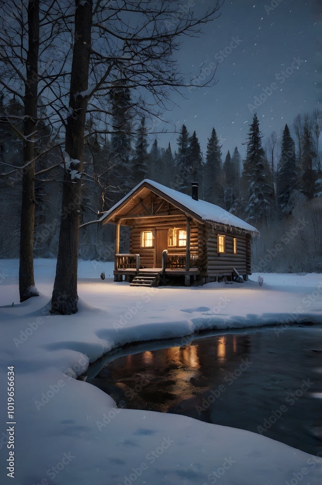 Serene Winter Landscape with Cozy Cabin in Snowy Forest. Generative AI Serene Winter Landscape with Cozy Cabin in Snowy Forest. Generative AI