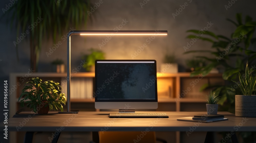 A sleek, modern desk illuminated by an eco-friendly table lamp made from upcycled metal pipes, adding an industrial touch to the sustainable workspace. A sleek, modern desk illuminated by an eco-friendly table lamp made from upcycled metal pipes, adding an industrial touch to the sustainable workspace.