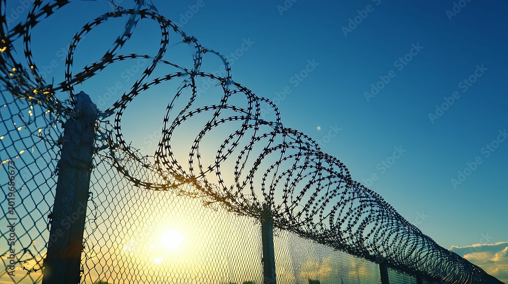 Barbed Wire Fence Against a Blue Sky with Sunset Barbed Wire Fence Against a Blue Sky with Sunset