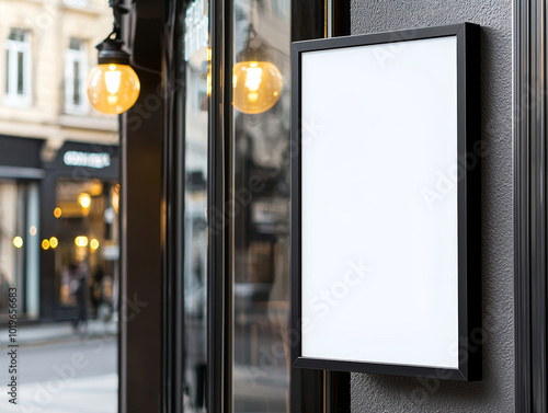 Blank signboard on a modern building exterior with decorative lights. photo