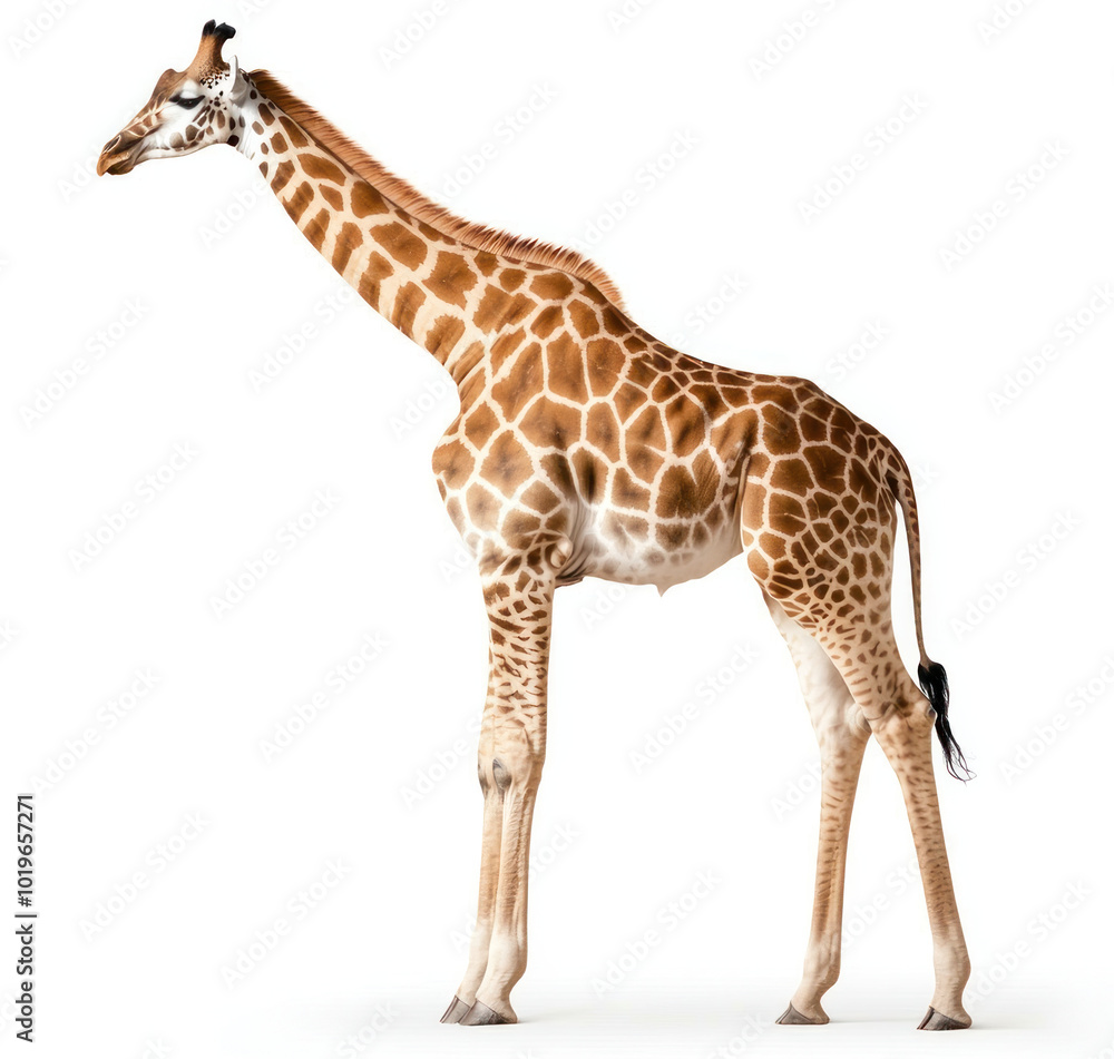 Naklejka premium Giraffe standing tall against bright white background, showcasing its unique patterns and grace