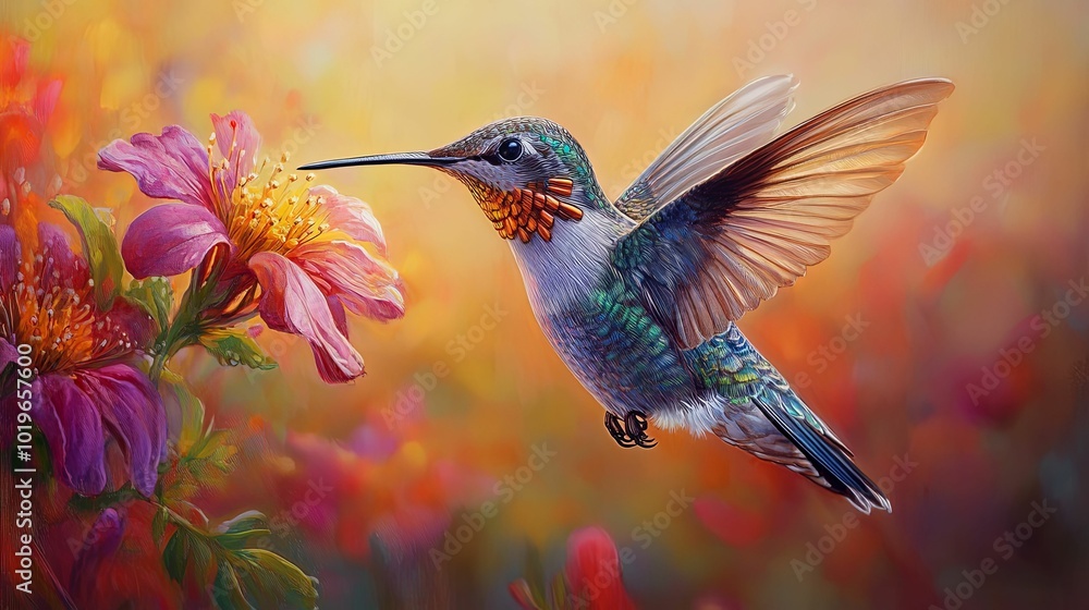 Naklejka premium Vibrant Hummingbird in Flight with Pink Flower