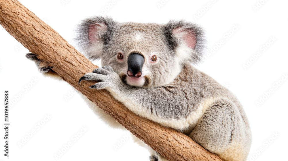 Fototapeta premium Climbing koala resting on branch, showcasing its adorable features and fluffy fur