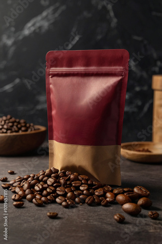 Bright red pouch packaging mockup on table for advertising purposes
