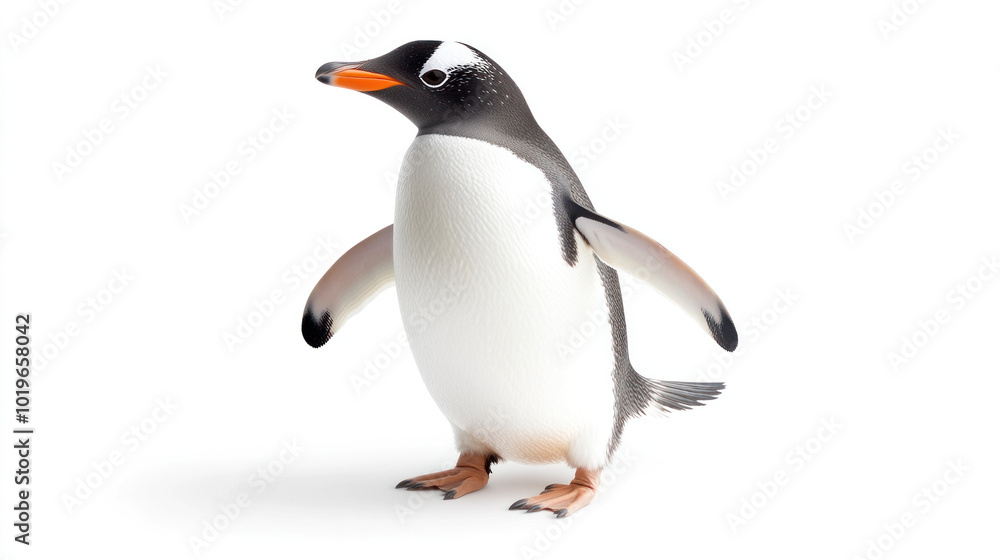 Fototapeta premium Waddling penguin standing on pure white surface, showcasing its unique features