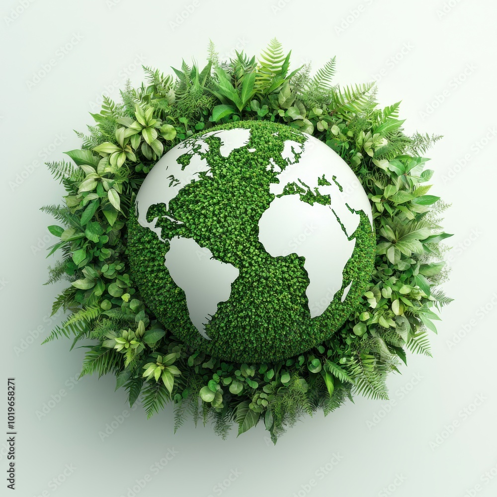 Green globe surrounded by lush foliage on white background. Green globe surrounded by lush foliage on white background.