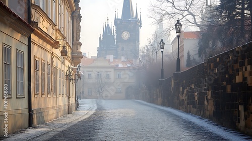 Generative AI Image of Cobblestone Path Way Street in Prague with Historic Ancient Building