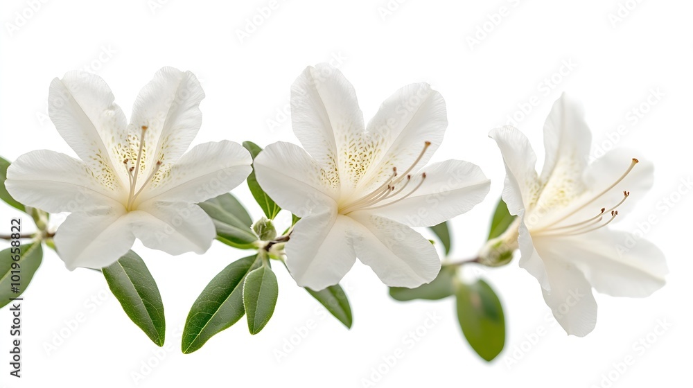 Azaleas flowers with leaves White flowers isolated on white background with clipping path : Generative AI Azaleas flowers with leaves White flowers isolated on white background with clipping path : Generative AI