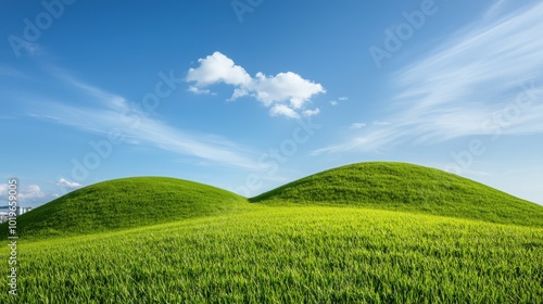 Lush green hills under a bright blue sky with fluffy clouds.