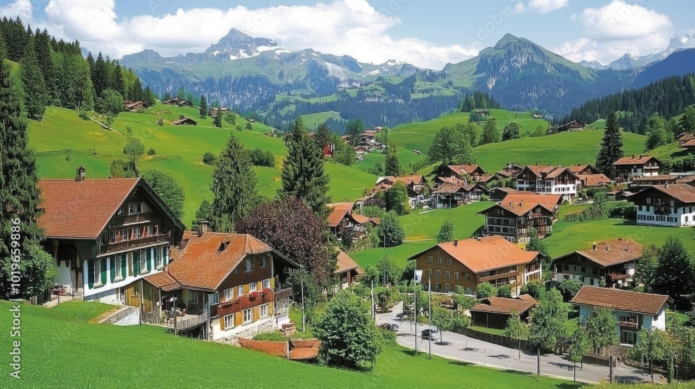 Scenic Swiss Village Amidst Lush Green Hills Scenic Swiss Village Amidst Lush Green Hills