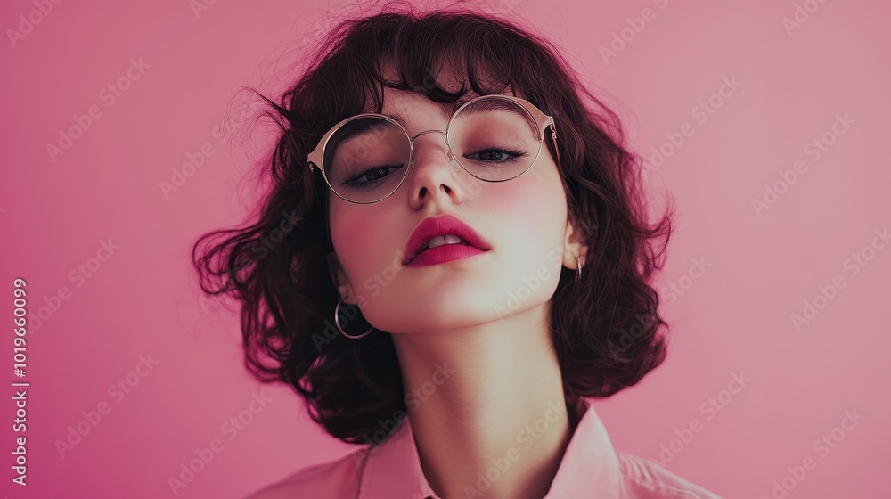A Young Woman With Curly Hair and Glasses Poses Confidently Against a Vibrant Pink Background in a Stylish Outfit A Young Woman With Curly Hair and Glasses Poses Confidently Against a Vibrant Pink Background in a Stylish Outfit