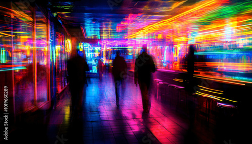 Photograph people illuminated by neon lights in urban settings at night, using vibrant colors to create an energetic and futuristic vibe