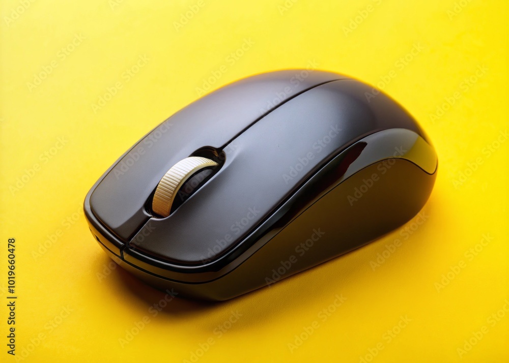 Aerial View of Black Wireless Computer Mouse on Bright Yellow Background for Modern Tech Imagery Aerial View of Black Wireless Computer Mouse on Bright Yellow Background for Modern Tech Imagery