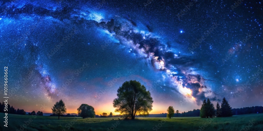 A Majestic Milky Way Display Over A Tranquil Meadow, Illuminated by a Soft Twilight Glow A Majestic Milky Way Display Over A Tranquil Meadow, Illuminated by a Soft Twilight Glow