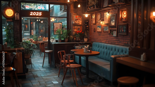 Cozy Cafe Interior with Brick Wall and Vintage Artwork