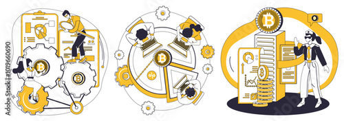 Cryptocurrency concept. Business people interacting with gear systems, interconnected by blockchain symbols and Bitcoin. Ideal for blockchain, fintech, digital currency, business strategy photo