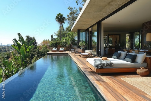 sleek modern villa with a tranquil pool view featuring an inviting daybed on the wooden deck harmonizing indoor and outdoor living spaces for relaxation and leisure