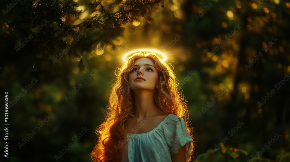 A Serene Moment in the Forest as Sunlight Creates a Halo Around a Young Woman With Flowing Red Hair A Serene Moment in the Forest as Sunlight Creates a Halo Around a Young Woman With Flowing Red Hair