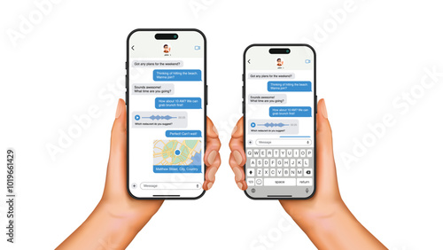 SMS Chat and Messenger Template: Hand Holding Smartphone with Customizable Texting Bubbles for Personalized Messaging. Vector.