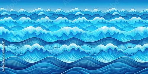 A stylized depiction of the vast and powerful ocean, featuring layers of blue and white waves that create a sense of depth and movement.