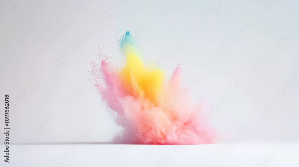 Obraz premium vibrant explosion of multi colored powder creates stunning visual effect, showcasing shades of pink, yellow, and blue in motion. dynamic display evokes sense of joy and creativity