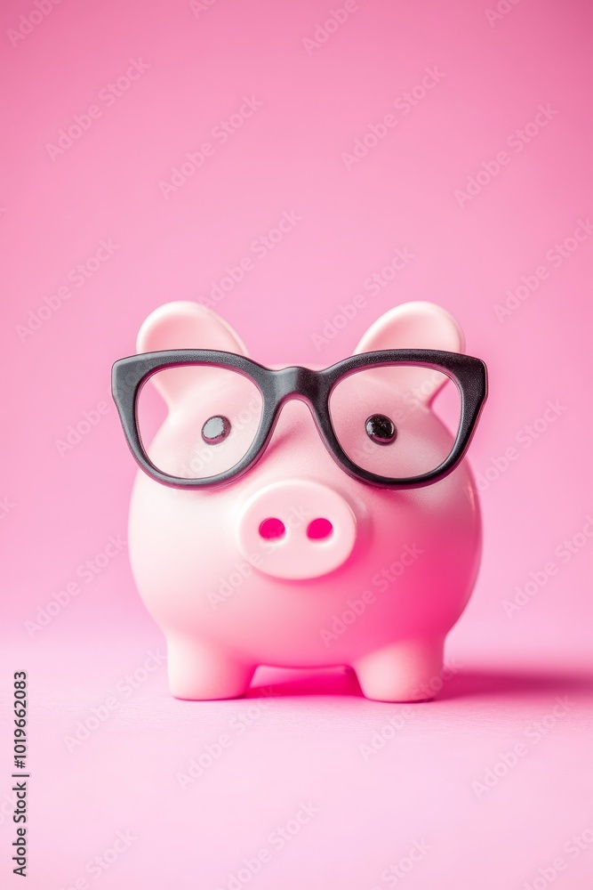 A Quirky Pink Piggy Bank Wearing Stylish Black Glasses Against a Vibrant Pink Background A Quirky Pink Piggy Bank Wearing Stylish Black Glasses Against a Vibrant Pink Background