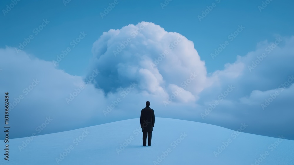 Lone Figure Stands Amidst Vast Snowy Landscape Under Moody Blue Sky Lone Figure Stands Amidst Vast Snowy Landscape Under Moody Blue Sky