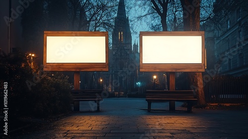 Mockup Of Two Wooden Billboards On The Pavement At Night Empty Street Advertising Displays Next To Church : Generative AI photo