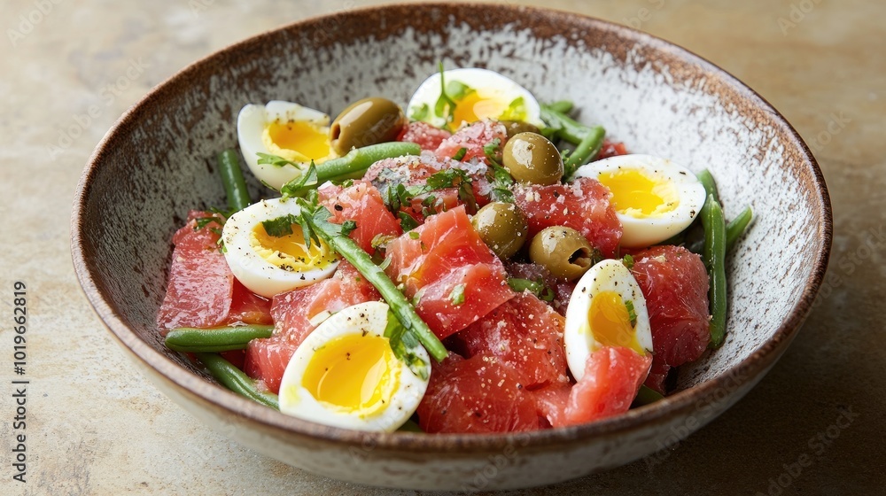 Fresh Salad with Eggs and Salmon for a Healthy Meal Fresh Salad with Eggs and Salmon for a Healthy Meal