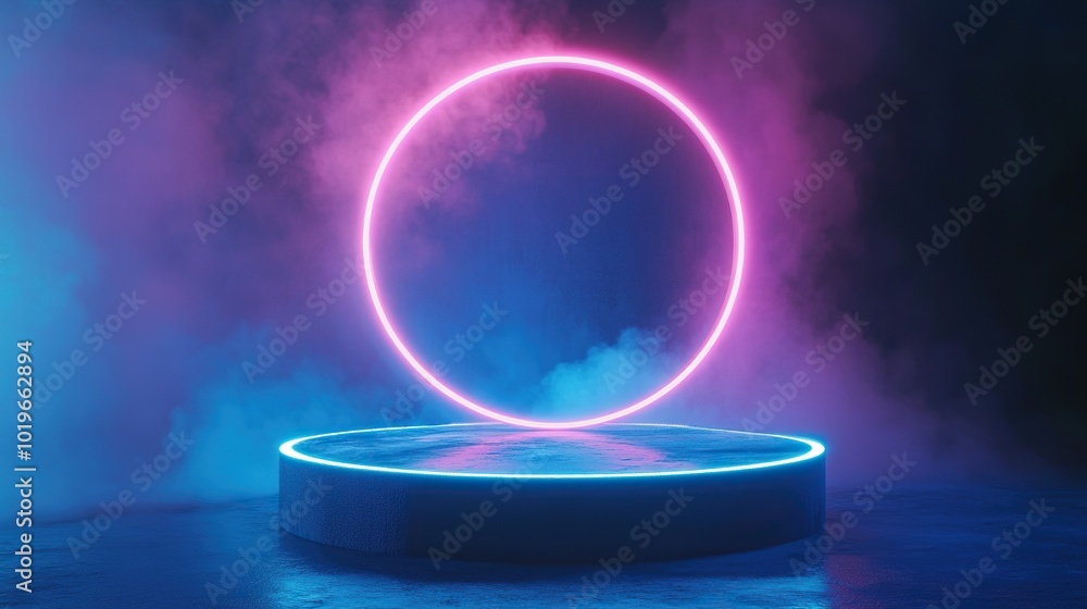 Empty Blue Pedestal with Bright Circular Neon Lights Surrounding It, Elegant Style Background Empty Blue Pedestal with Bright Circular Neon Lights Surrounding It, Elegant Style Background