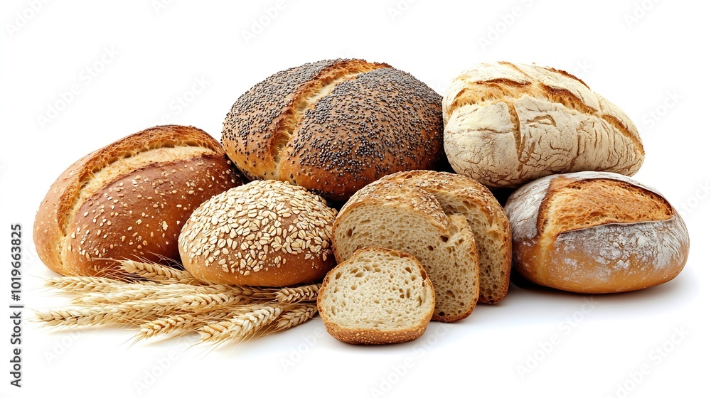 Loaves of different bread and wheat ears isolated on white background : Generative AI Loaves of different bread and wheat ears isolated on white background : Generative AI