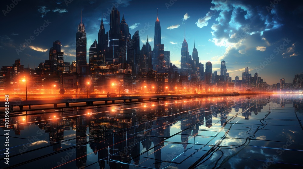 Futuristic City Skyline with Reflections Futuristic City Skyline with Reflections