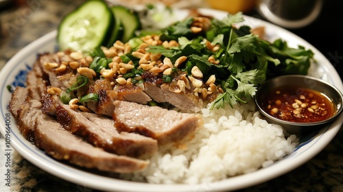 Delicious Vietnamese Pork with Rice and Fresh Ingredients