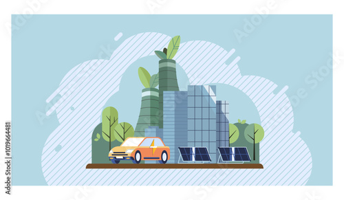 Environmental care concept. A cityscape with solar panels, green buildings, trees, and an electric car promoting eco-friendly urban living. Ideal for renewable energy, eco-friendly transportation