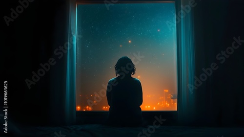 Silhouette of a person admiring the serene night sky filled with shining stars visible through the window frame of a darkened interior A moment of tranquility and contemplation