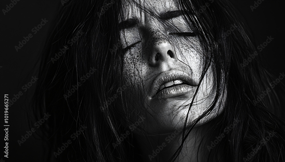 Fototapeta premium Black-and-white portraits focused on capturing raw emotions through facial expressions, devoid of distractions