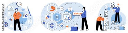 Brand building vector illustration. Innovation, cornerstone, introduces novel elements into building blocks brand Personal, connection, adds human touch to construction process brand
