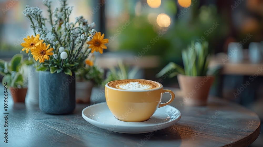 A Cozy Café Moment Featuring a Vibrant Yellow Cup of Coffee Surrounded by Fresh Flowers in a Warm Atmosphere A Cozy Café Moment Featuring a Vibrant Yellow Cup of Coffee Surrounded by Fresh Flowers in a Warm Atmosphere