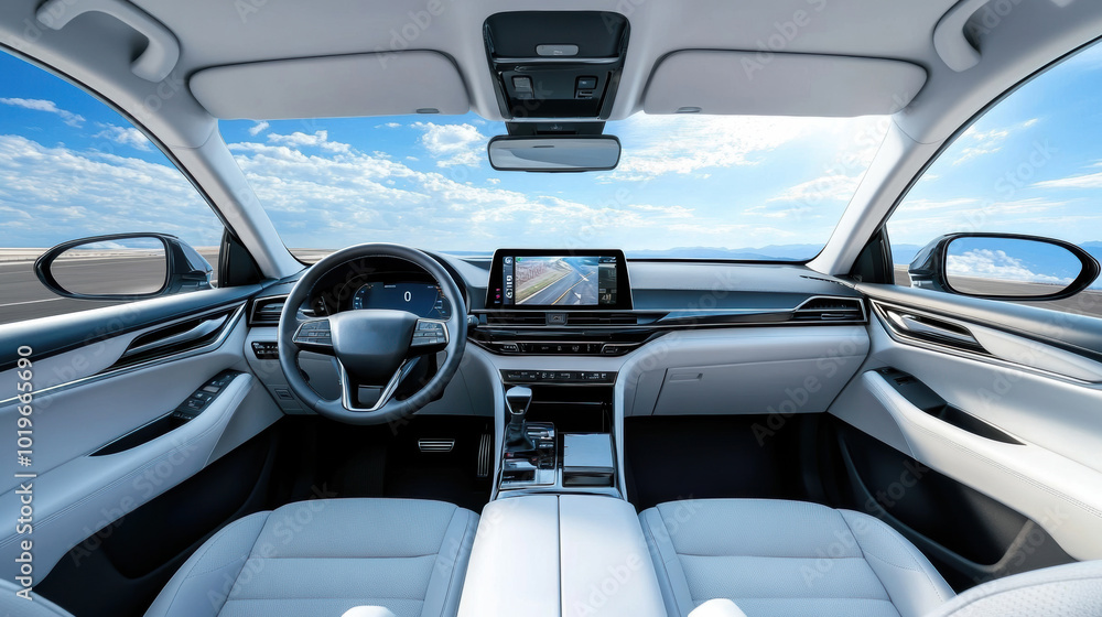Modern Car Interior with Scenic Dashboard View Modern Car Interior with Scenic Dashboard View