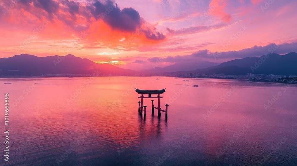 Serene Sunset Over Torii Gate in Tranquil Waters Serene Sunset Over Torii Gate in Tranquil Waters