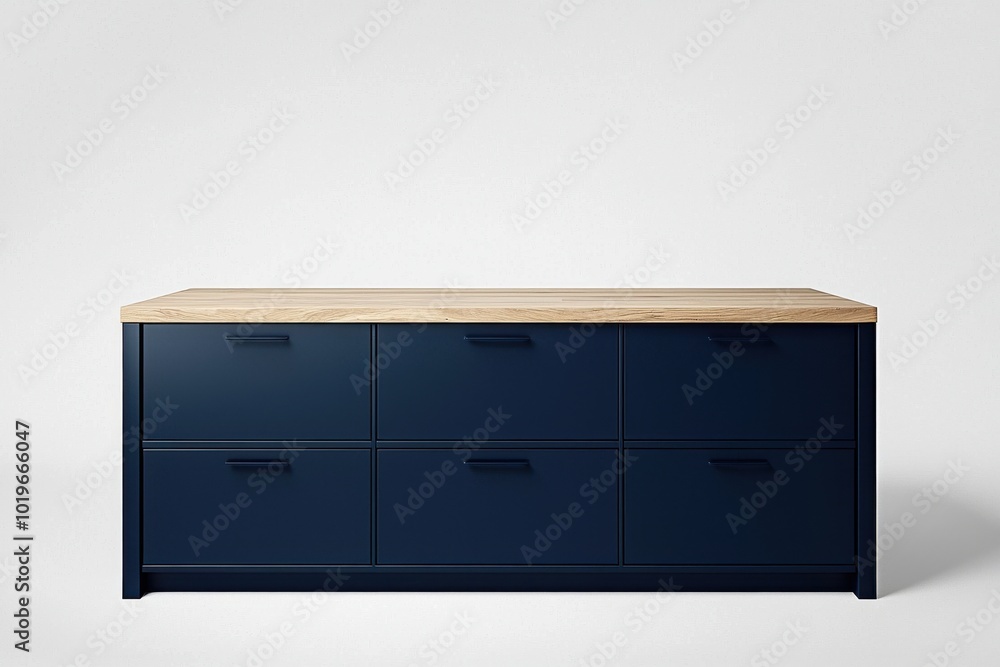 A modern navy blue storage unit with six drawers and a light wooden top, ideal for organizing items in a stylish manner. A modern navy blue storage unit with six drawers and a light wooden top, ideal for organizing items in a stylish manner.