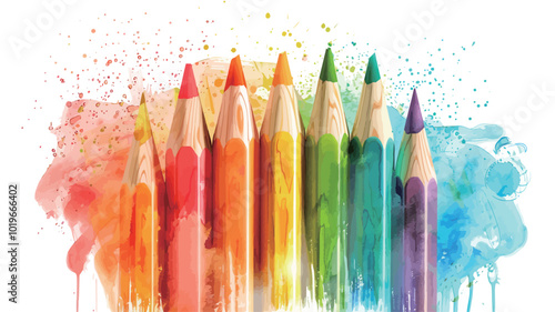 Colorful pencils with watercolor splashes on white background. 